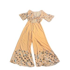 Peach Floral Jumpsuit Size M. Long Flowy-Wide Leg Front Tie up